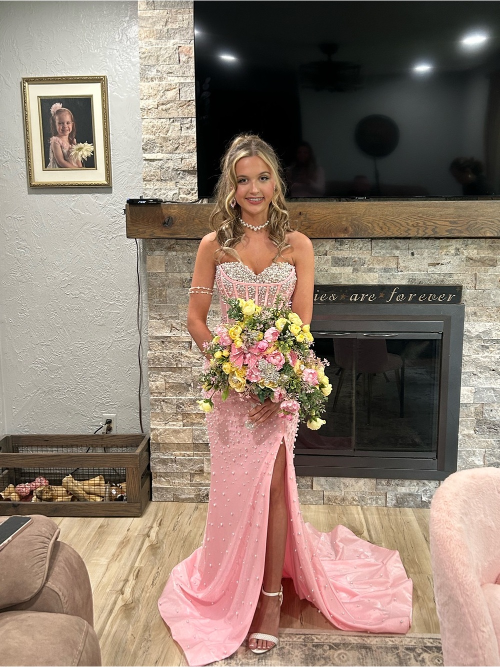 Portia and Scarlett Pink Beaded and Pearl accent Strapless Prom Dress.